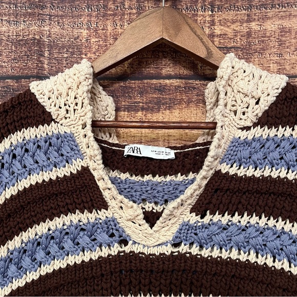 (Flawed) Zara Striped Crochet Knit Top Brown/Blue Cream Hooded Size Small - Picture 7 of 10